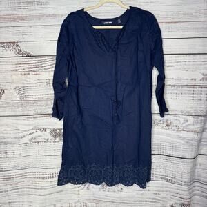 Lands End Navy Blue Linen Blend Long Sleeve Shirt Dress M